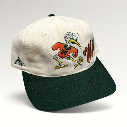 Raree Finds vintage Apex One Miami Hurricanes snapback hat with embroidered Sebastian the Ibis mascot and Miami script