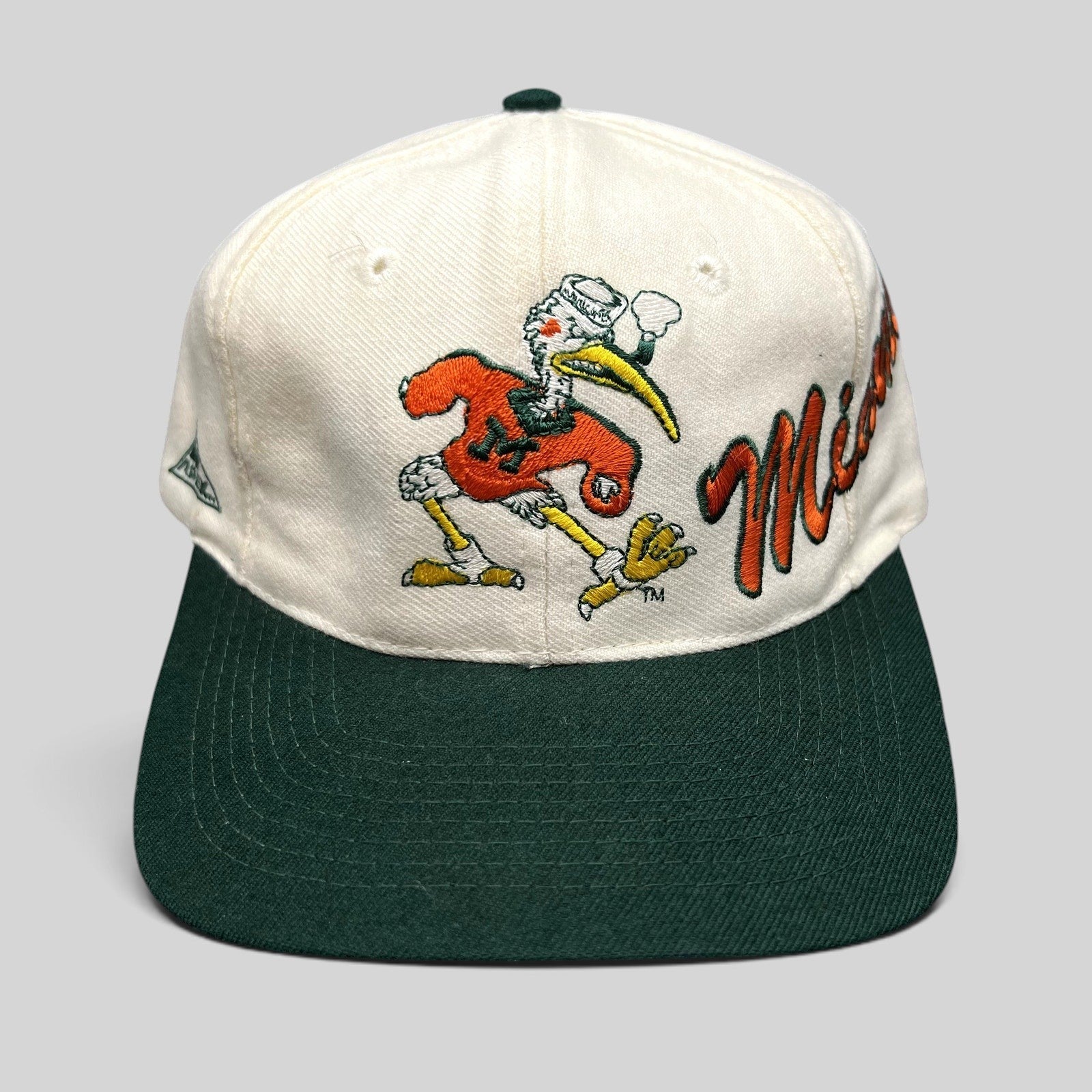 Raree Finds vintage Apex One Miami Hurricanes snapback hat with embroidered Sebastian the Ibis mascot and Miami script