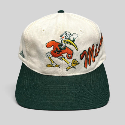 Raree Finds vintage Apex One Miami Hurricanes snapback hat with embroidered Sebastian the Ibis mascot and Miami script
