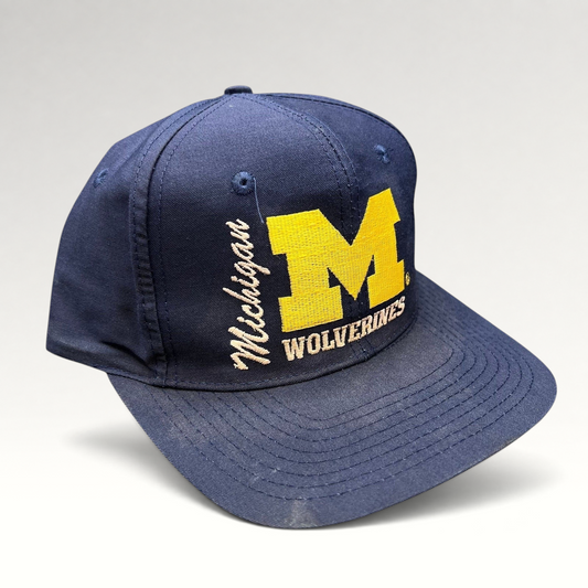 Raree Finds vintage navy Michigan Wolverines snapback hat with maize embroidered block M logo and collegiate text