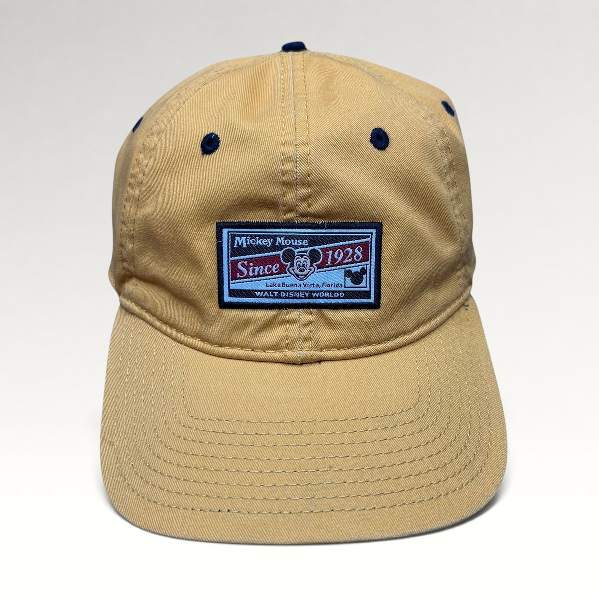 Raree Finds vintage yellow cotton Walt Disney World strapback hat with Mickey Mouse Since 1928 patch