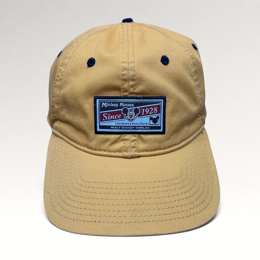 Raree Finds vintage yellow cotton Walt Disney World strapback hat with Mickey Mouse Since 1928 patch