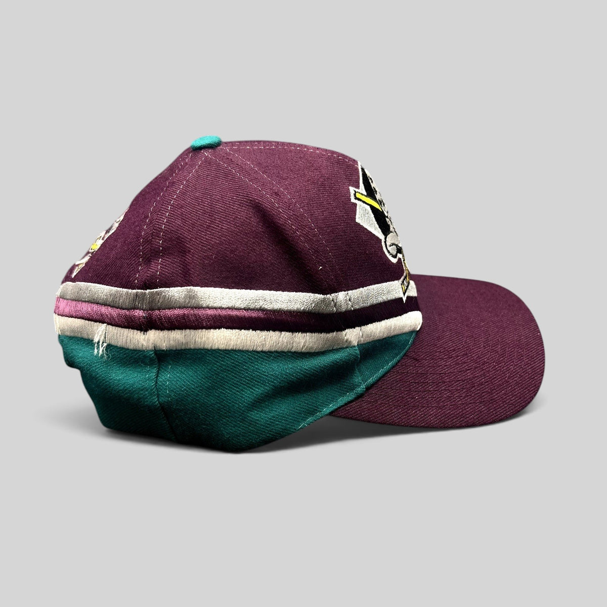Raree Finds vintage Anaheim Mighty Ducks Apex One snapback hat in purple and teal with a wave design and goalie logo.