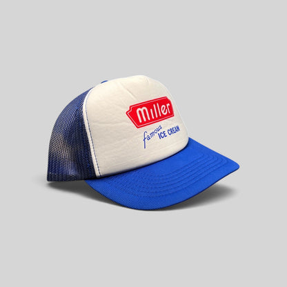 Raree Finds vintage Miller Famous Ice Cream trucker hat with white foam front, royal blue mesh, and snapback closure.