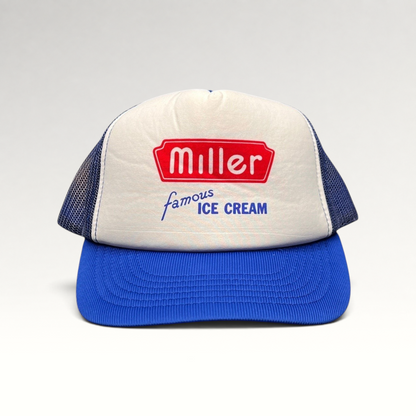 Raree Finds vintage 80s Miller Famous Ice Cream trucker hat with white foam front, royal blue mesh, and snapback.