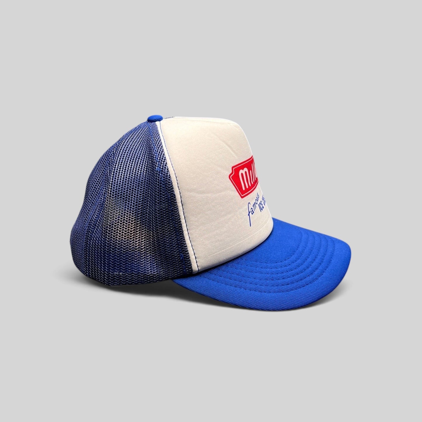 Raree Finds vintage 80s Miller Famous Ice Cream trucker hat with white foam front, royal blue mesh, and snapback.