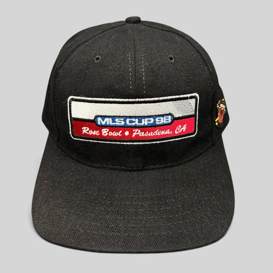 Raree Finds vintage 1998 MLS Cup black strapback hat by American Needle with embroidered Rose Bowl patch and DC United pin