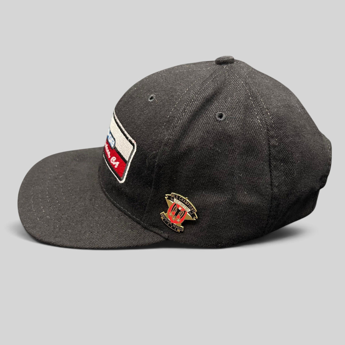 Raree Finds vintage 1998 MLS Cup black strapback hat with embroidered patch and DC United collectible side pin