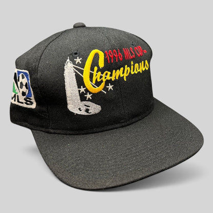 Raree Finds vintage 1996 DC United MLS Cup Champions black cotton snapback hat with multicolor trophy embroidery