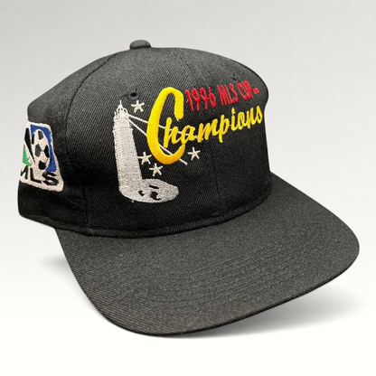 Raree Finds vintage 1996 DC United MLS Cup Champions black cotton snapback hat with multicolor trophy embroidery