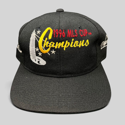 Raree Finds vintage 1996 MLS Cup Champions black cotton snapback hat with multicolor trophy embroidery