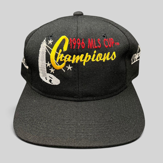 Raree Finds vintage 1996 MLS Cup Champions black cotton snapback hat with multicolor trophy embroidery