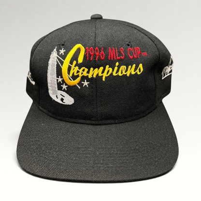 Raree Finds vintage 1996 MLS Cup Champions black cotton snapback hat with multicolor trophy embroidery