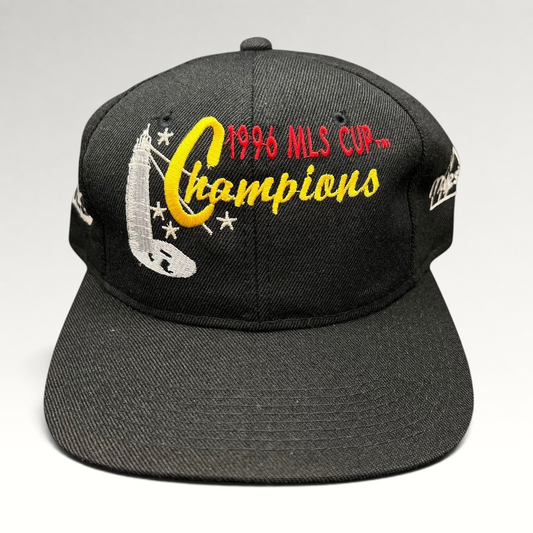 Raree Finds vintage 1996 MLS Cup Champions black cotton snapback hat with multicolor trophy embroidery