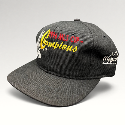Raree Finds vintage 1996 DC United MLS Cup Champions black cotton snapback hat with multicolor trophy embroidery