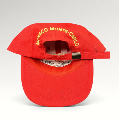 Raree Finds vintage red Monaco Grand Prix strapback hat with yellow Monaco Monte-Carlo embroidery on the back