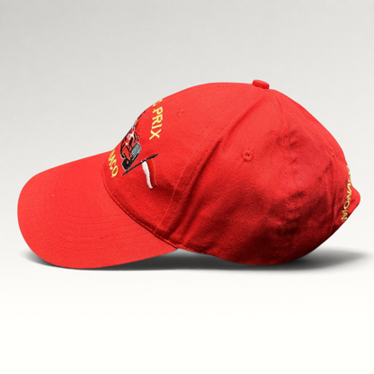 Raree Finds vintage red Monaco Grand Prix strapback hat with embroidered Formula 1 race car and checkered flag detail.
