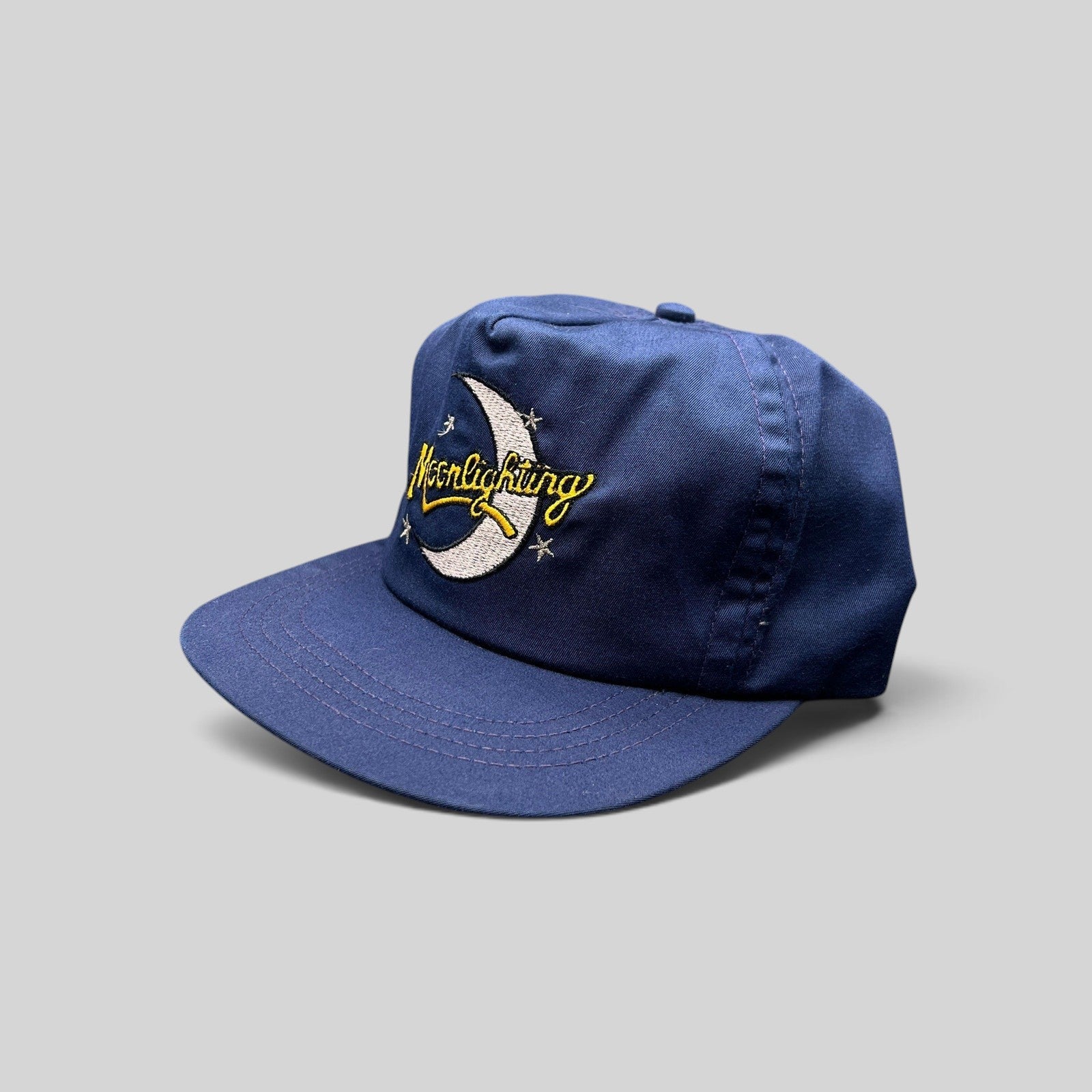 Raree Finds vintage 1980s Moonlighting TV show navy blue snapback hat with embroidered crescent moon and star logo