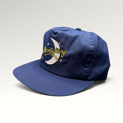 Raree Finds vintage 1980s Moonlighting TV show navy blue snapback hat with embroidered crescent moon and star logo