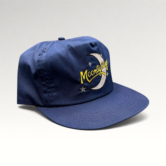 Raree Finds vintage 1980s Moonlighting TV show navy blue snapback hat with crescent moon and star embroidery