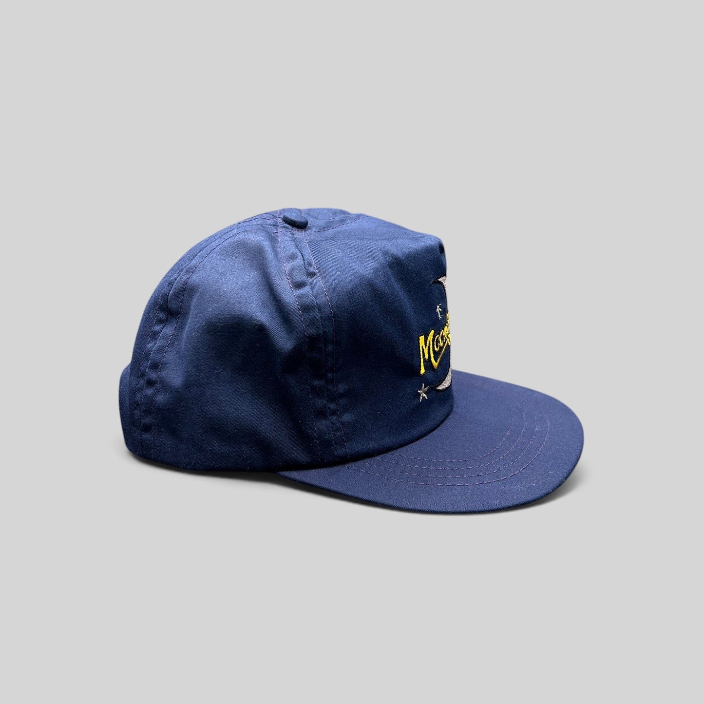 Raree Finds vintage navy blue Moonlighting TV show promo snapback hat with yellow and white crescent moon embroidery.