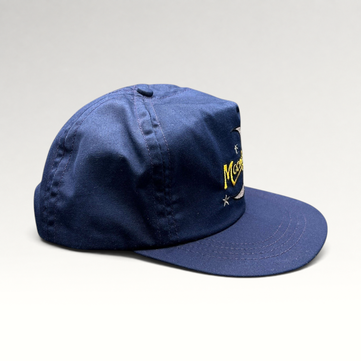 Raree Finds vintage navy blue Moonlighting TV show promo snapback hat with yellow and white crescent moon embroidery.