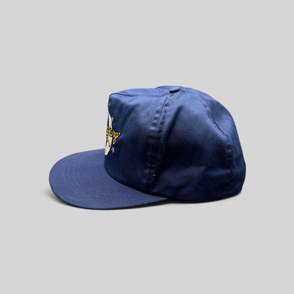 Raree Finds vintage 1980s Moonlighting TV show navy blue cotton snapback hat with embroidered crescent moon logo