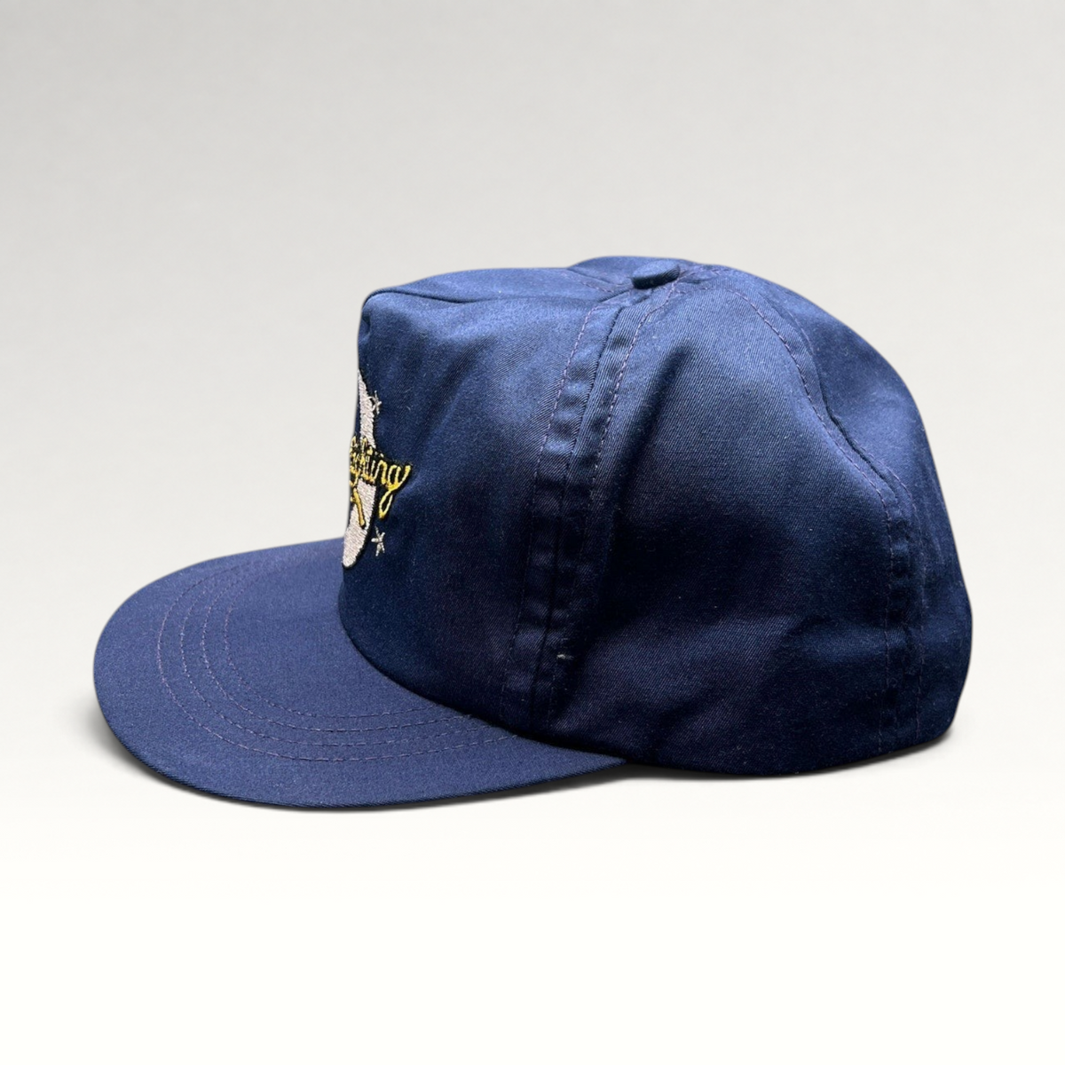 Raree Finds vintage 1980s Moonlighting TV show navy blue cotton snapback hat with embroidered crescent moon logo