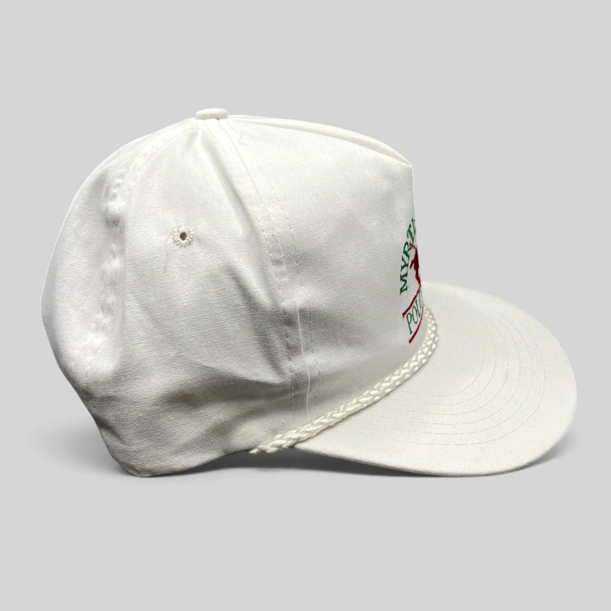 Raree Finds vintage Myrtle Beach Polo Club white rope trucker snapback hat with red and green embroidered logo