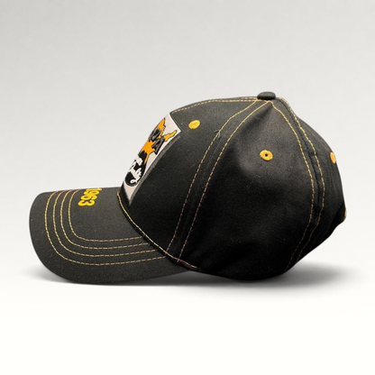 Raree Finds vintage black cotton NAPA Auto Parts strapback cap with yellow contrast stitching and 1963 brim detail