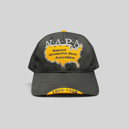 Raree Finds vintage black NAPA racing hat with embroidered USA map logo, yellow underbrim, and strapback closure.