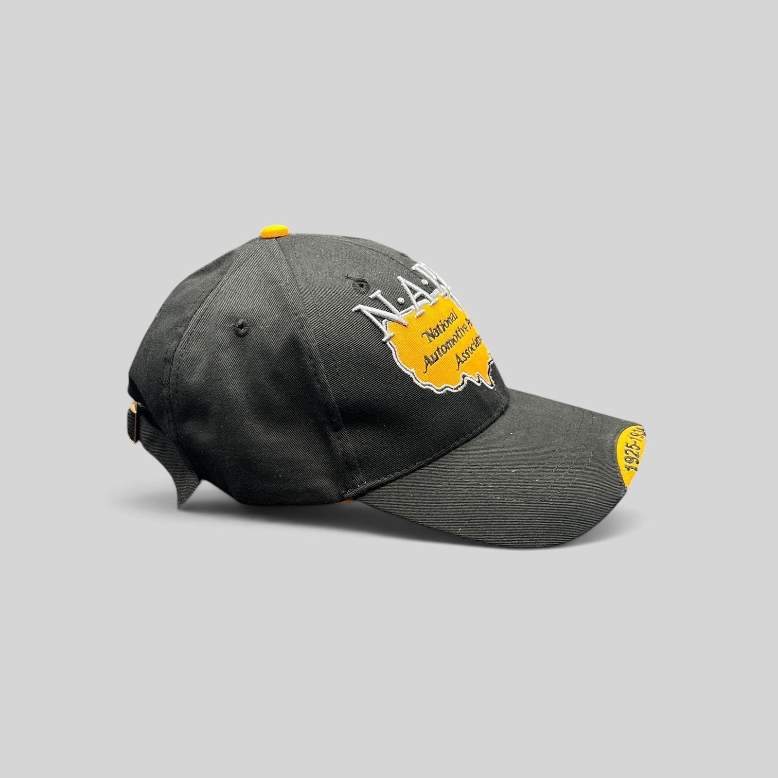 Raree Finds vintage black NAPA racing hat with embroidered USA map logo and yellow underbrim detail