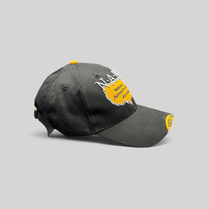 Raree Finds vintage black NAPA racing hat with embroidered USA map logo and yellow underbrim detail