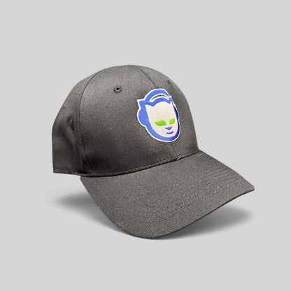 Raree Finds vintage Y2K Napster.com black flex hat with embroidered blue and green cat logo on the front