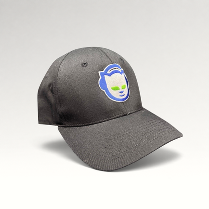Raree Finds vintage Y2K Napster.com black flex hat with embroidered blue and green cat logo on the front