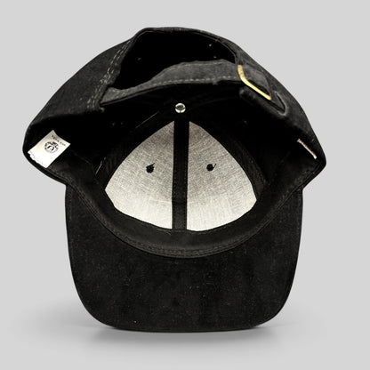 Raree Finds vintage American Needle black cotton strapback hat showing the interior lining and adjustable strap