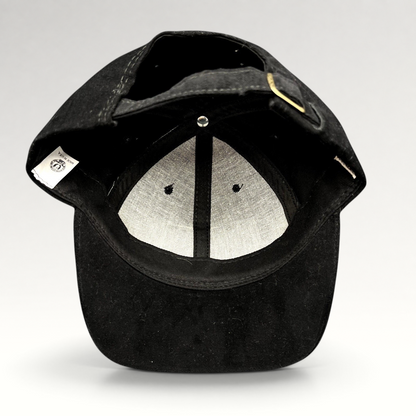 Raree Finds vintage American Needle black cotton strapback hat showing the interior lining and adjustable strap