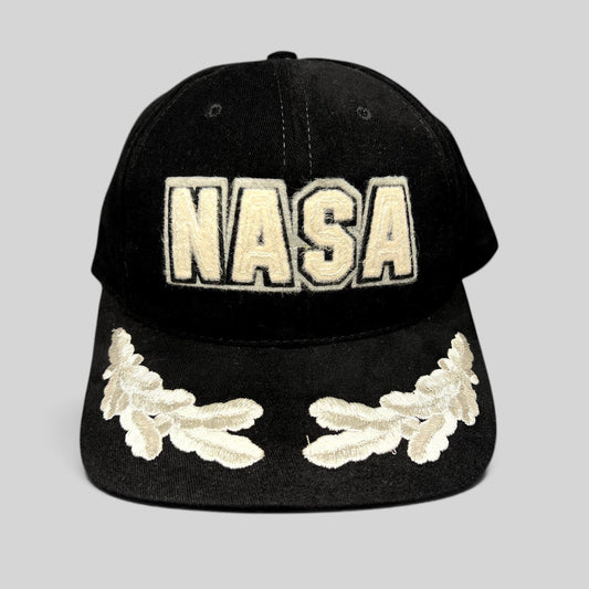 Raree Finds vintage American Needle black cotton strapback hat with cream NASA logo and embroidered leaf brim detail