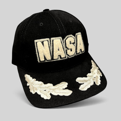 Raree Finds vintage American Needle black cotton strapback hat with raised NASA logo and embroidered brim leaves