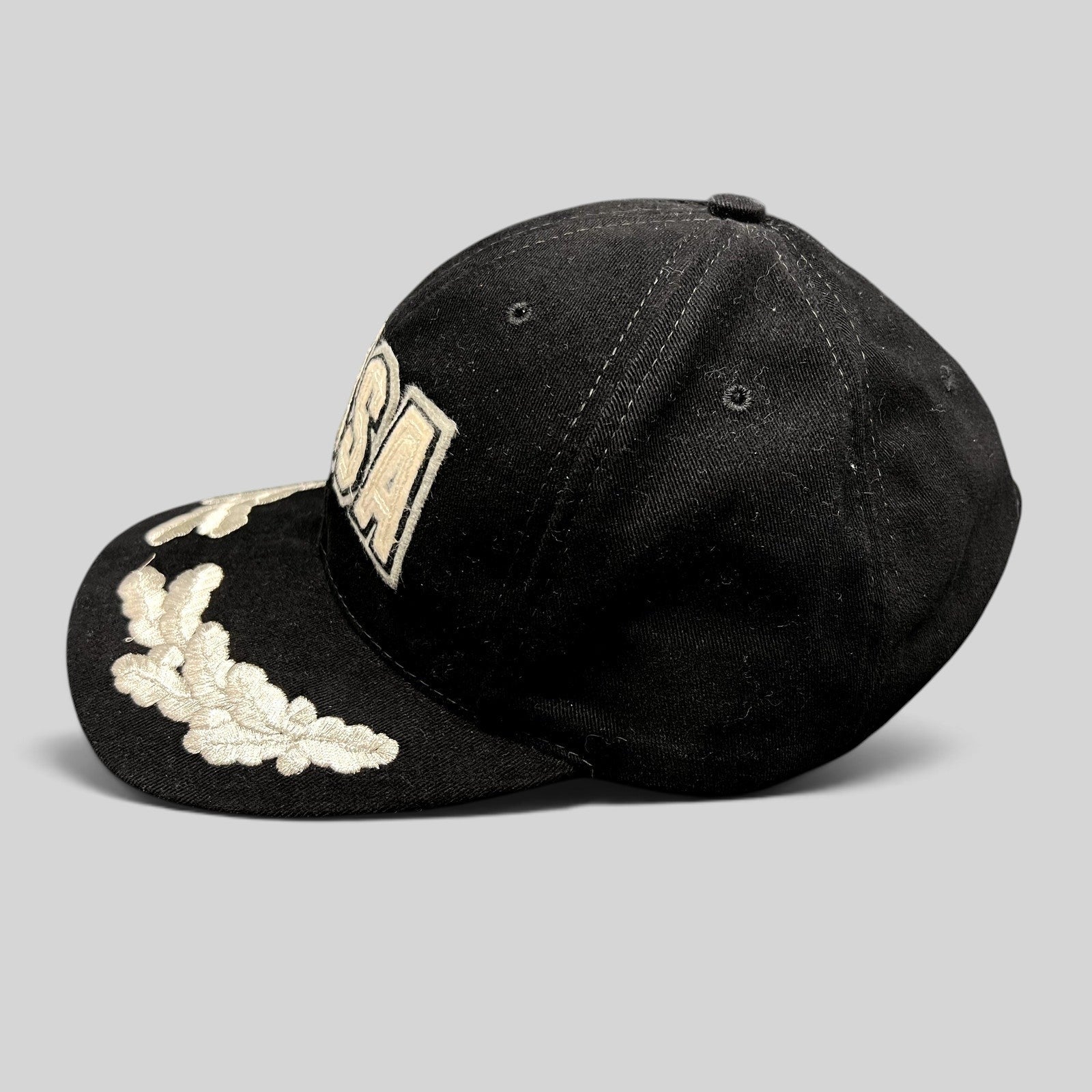 Raree Finds vintage American Needle black cotton strapback hat with NASA logo and cream leaf embroidery on the brim