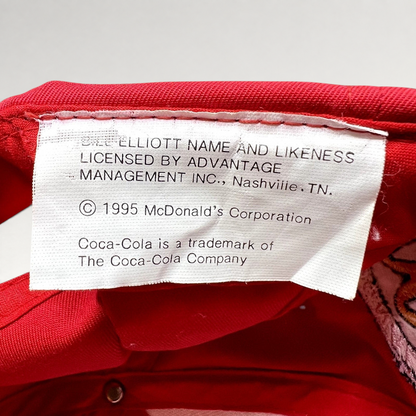 Raree Finds vintage 1995 Bill Elliott NASCAR hat interior tag with McDonald’s Corporation copyright information