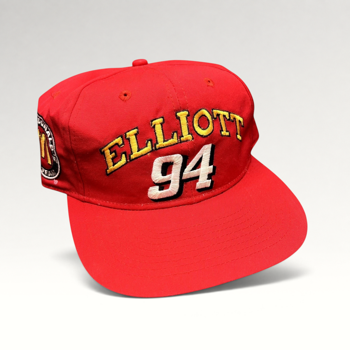 Raree Finds vintage 1995 Bill Elliott 94 McDonald’s NASCAR red snapback hat with yellow and white embroidery