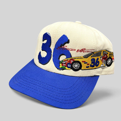Raree Finds vintage Ken Schrader #36 NASCAR snapback hat with cream crown, royal blue brim, and embroidered race car.
