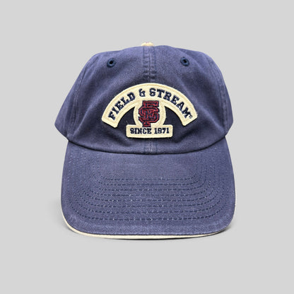 Raree Finds vintage navy blue cotton Field & Stream baseball cap with cream brim trim and embroidered logo patch