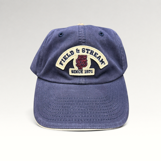 Raree Finds vintage navy blue cotton Field & Stream baseball cap with cream brim trim and embroidered logo patch
