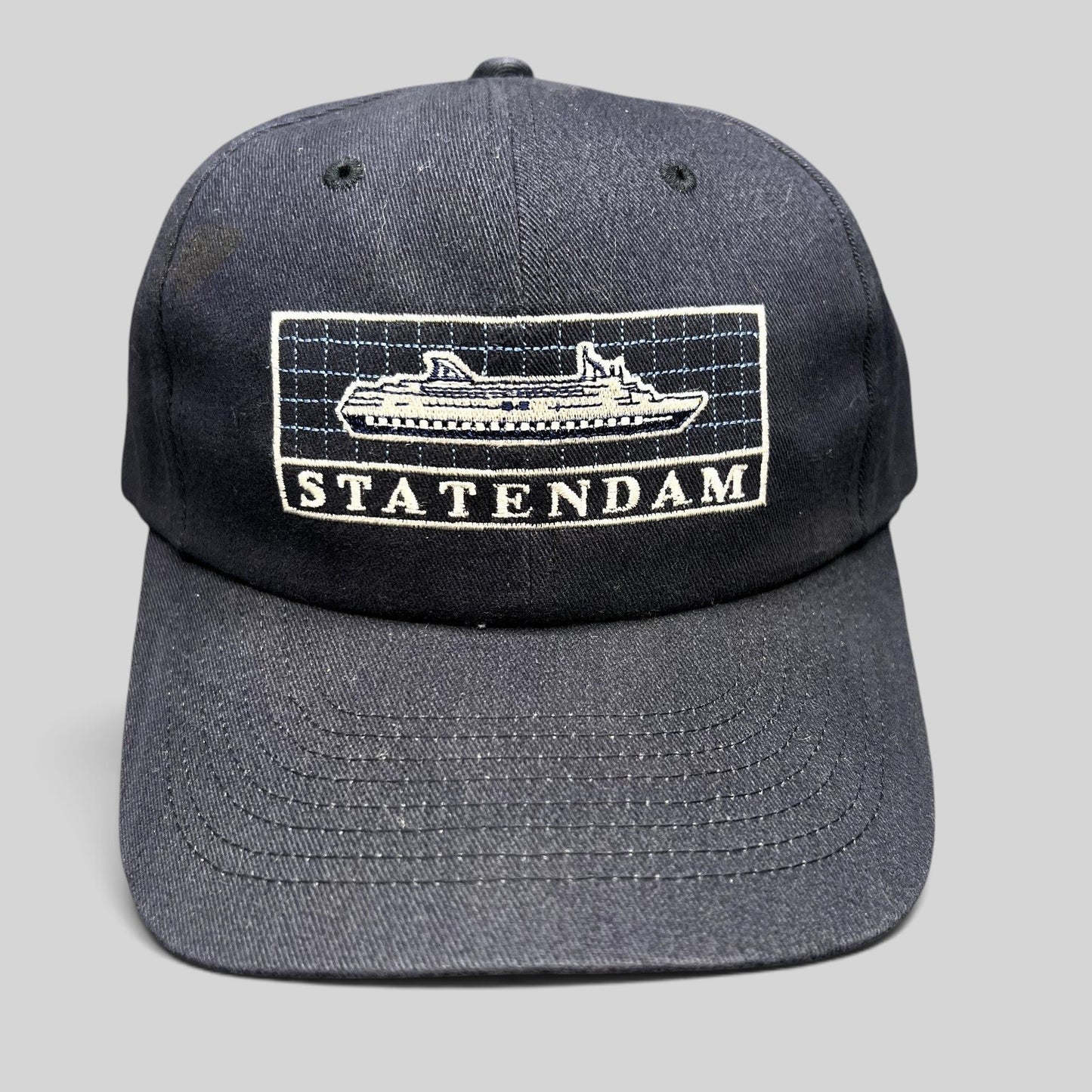 Raree Finds vintage navy blue cotton strapback hat featuring an embroidered Statendam Holland America cruise ship