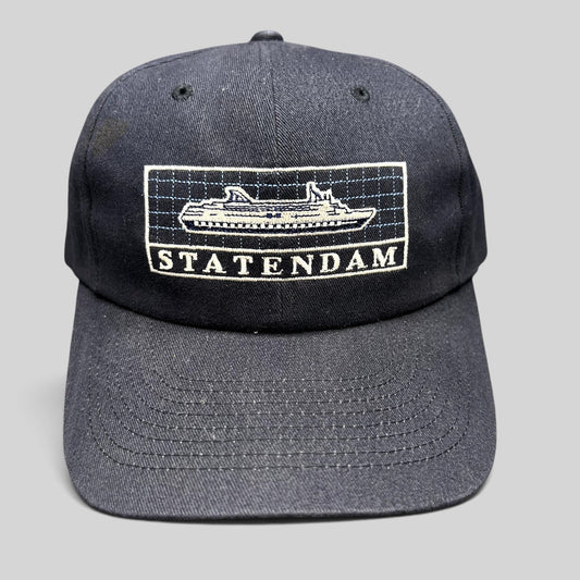 Raree Finds vintage navy blue cotton strapback hat featuring an embroidered Statendam Holland America cruise ship