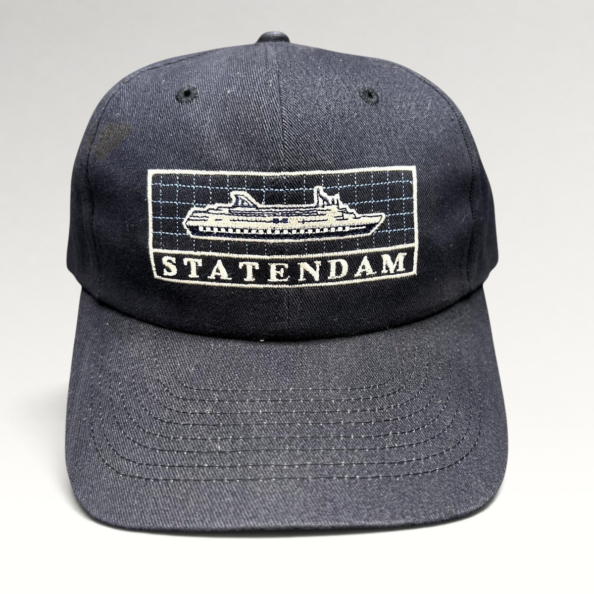 Raree Finds vintage navy blue cotton strapback hat featuring an embroidered Statendam Holland America cruise ship