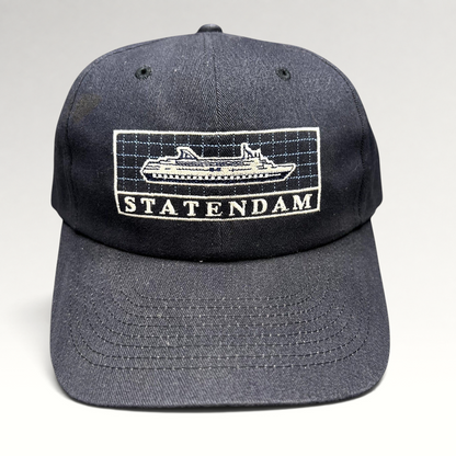 Raree Finds vintage navy blue cotton strapback hat featuring an embroidered Statendam Holland America cruise ship