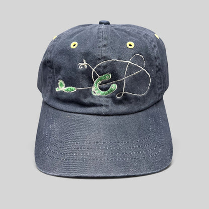 Raree Finds vintage navy cotton strapback hat with embroidered fly fishing lure and hook design